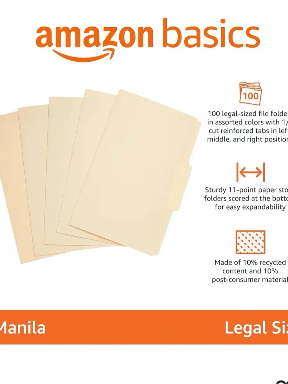 Amazon Basics Manila File Folders Legal Size (Qty 100)